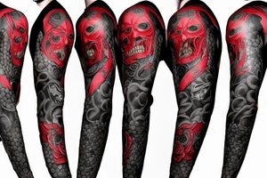 full sleeve with side neck, trash polka, , black and red, without skulls tattoo idea