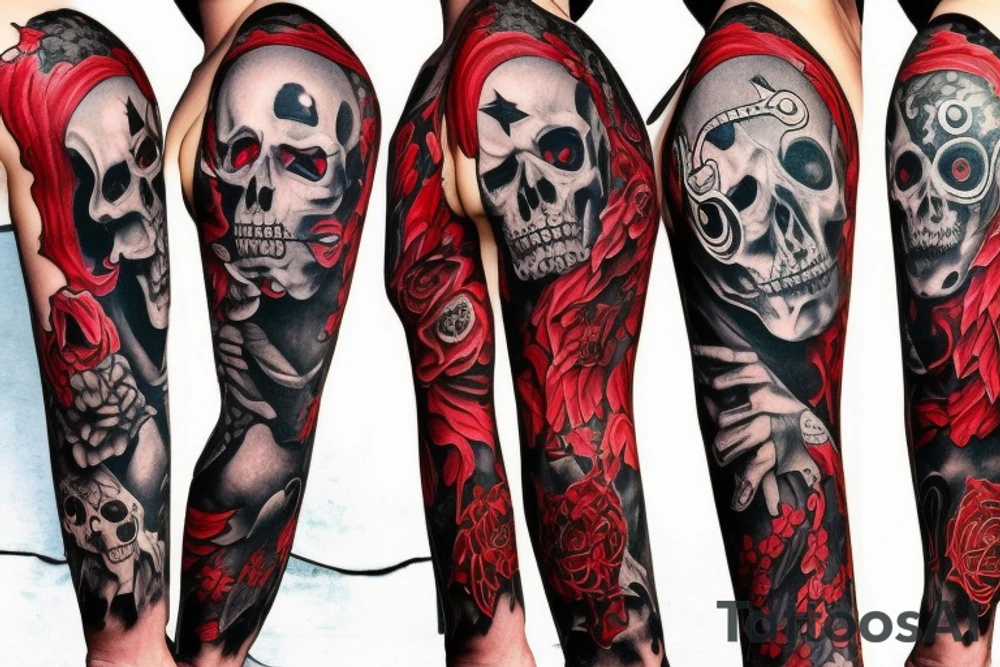 full sleeve with side neck, trash polka, , black and red, without skulls tattoo idea