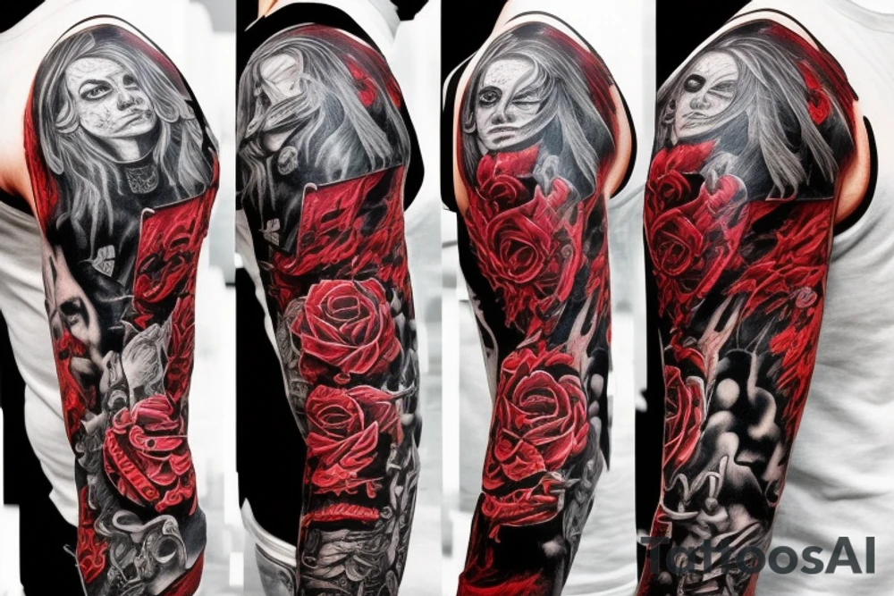 full sleeve with side neck, trash polka, , black and red, without skulls tattoo idea