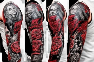 full sleeve with side neck, trash polka, , black and red, without skulls tattoo idea