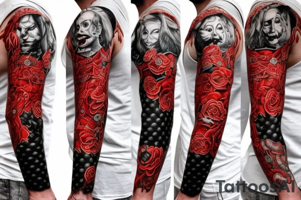 full sleeve with side neck, trash polka, , black and red, without skulls tattoo idea