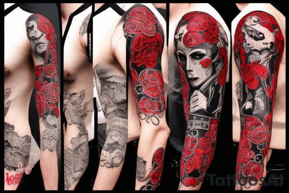 full sleeve with side neck, trash polka, , black and red, without skulls tattoo idea