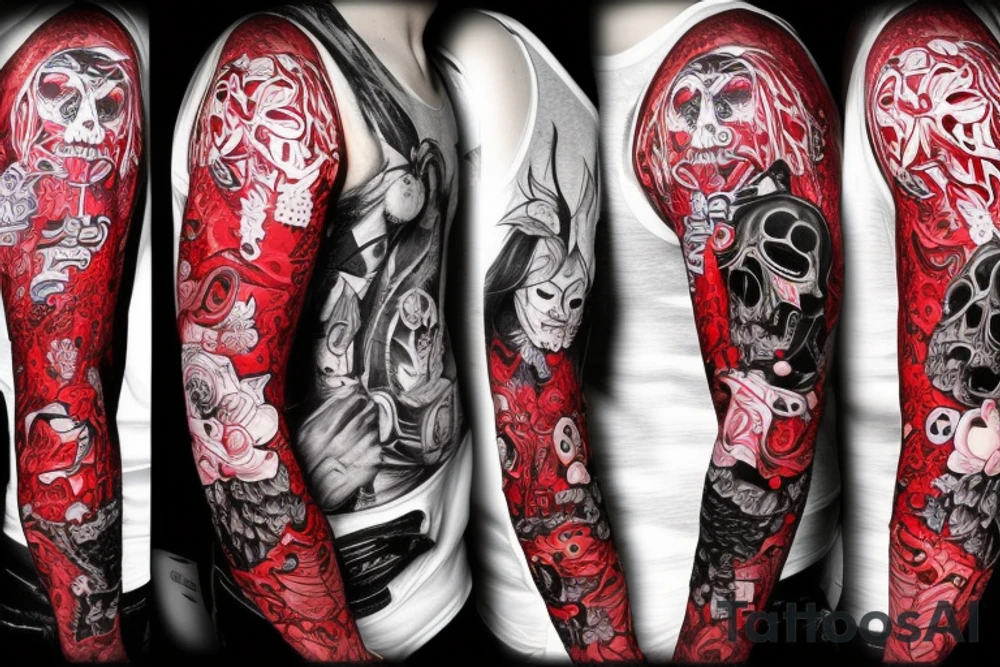 full sleeve with side neck, trash polka, , black and red, without skulls tattoo idea