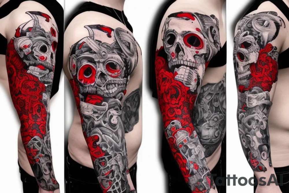 full sleeve with side neck, trash polka, , black and red, without skulls tattoo idea