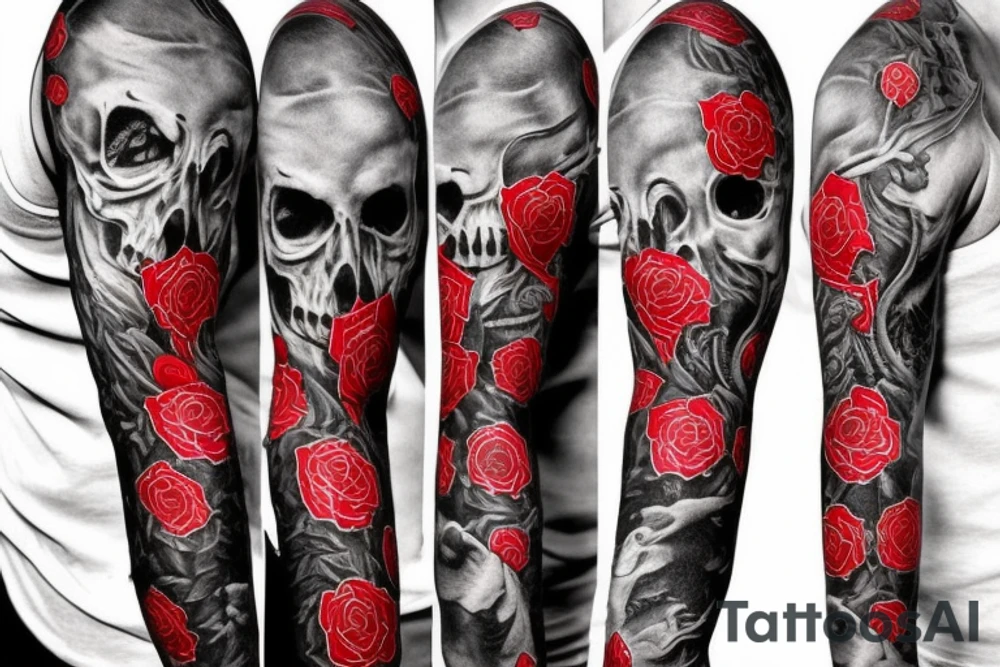 full sleeve with side neck, trash polka, , black and red, without skulls tattoo idea