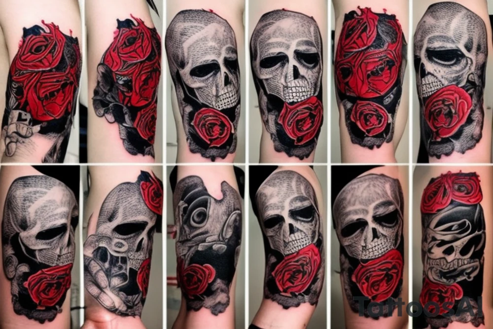 full sleeve with side neck, trash polka, , black and red, without skulls tattoo idea