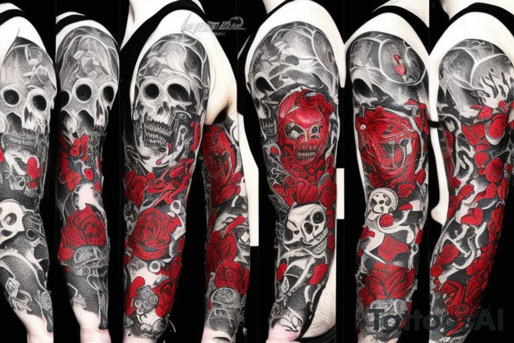 full sleeve with side neck, trash polka, , black and red, without skulls tattoo idea