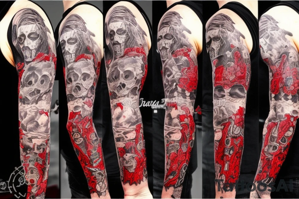 full sleeve with side neck, trash polka, , black and red, without skulls tattoo idea