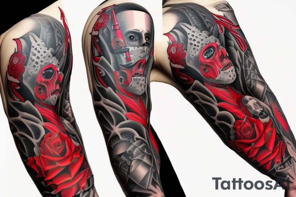 full sleeve with side neck, trash polka, , black and red, without skulls tattoo idea