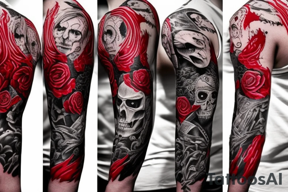 full sleeve with side neck, trash polka, , black and red, without skulls tattoo idea