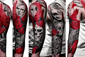 full sleeve with side neck, trash polka, , black and red, without skulls tattoo idea