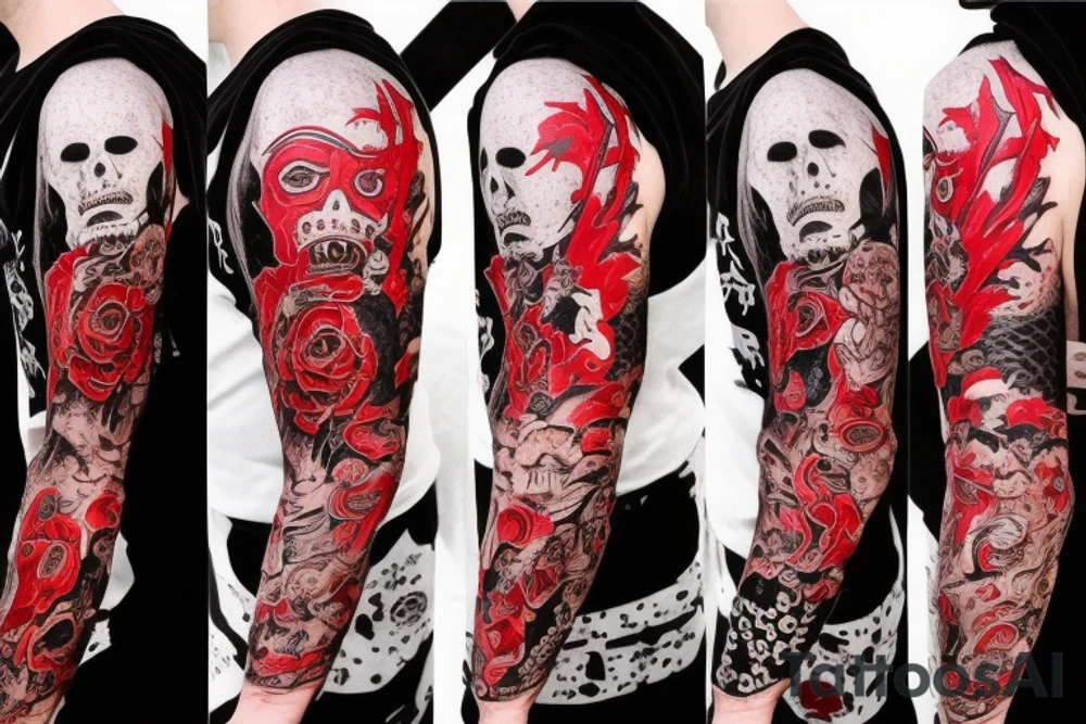 full sleeve with side neck, trash polka, , black and red, without skulls tattoo idea