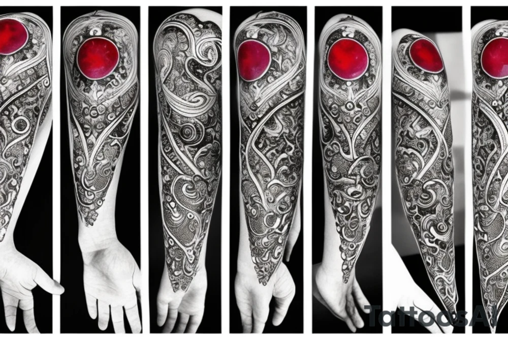 Red gemstone with black and grey filigree surrounding it tattoo idea