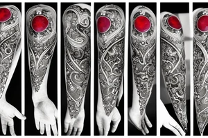 Red gemstone with black and grey filigree surrounding it tattoo idea
