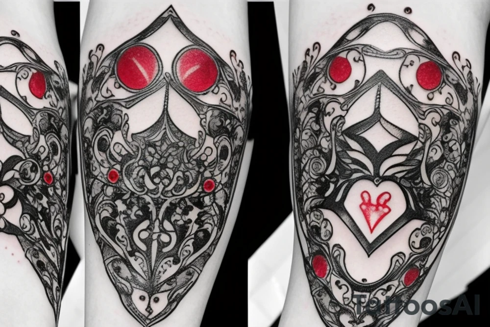 Red gemstone with black and grey filigree surrounding it tattoo idea