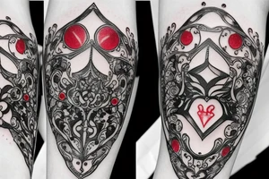 Red gemstone with black and grey filigree surrounding it tattoo idea