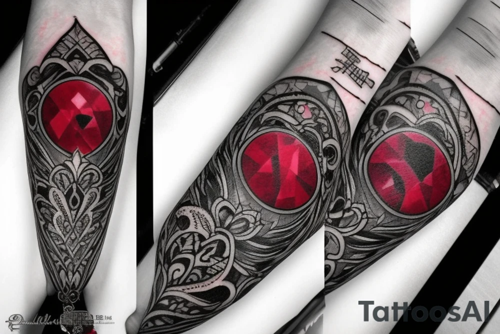 Red gemstone with black and grey filigree surrounding it tattoo idea