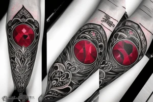 Red gemstone with black and grey filigree surrounding it tattoo idea
