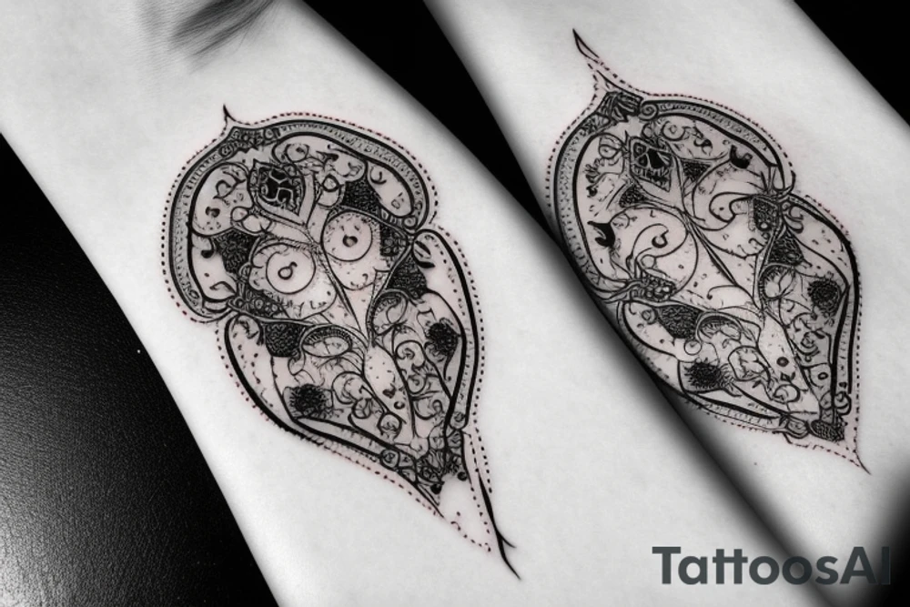 Red gemstone with black and grey filigree surrounding it tattoo idea
