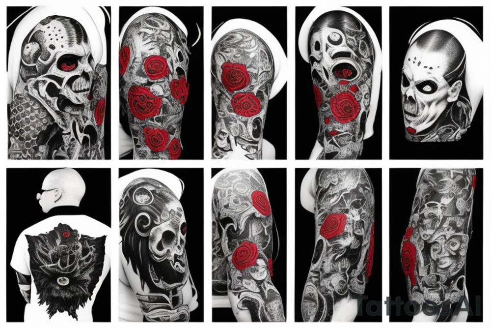 full sleeve with side neck, trash polka, , black and red, without skulls tattoo idea