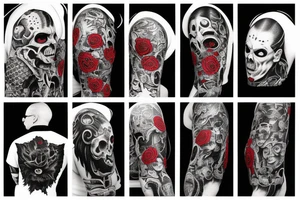 full sleeve with side neck, trash polka, , black and red, without skulls tattoo idea