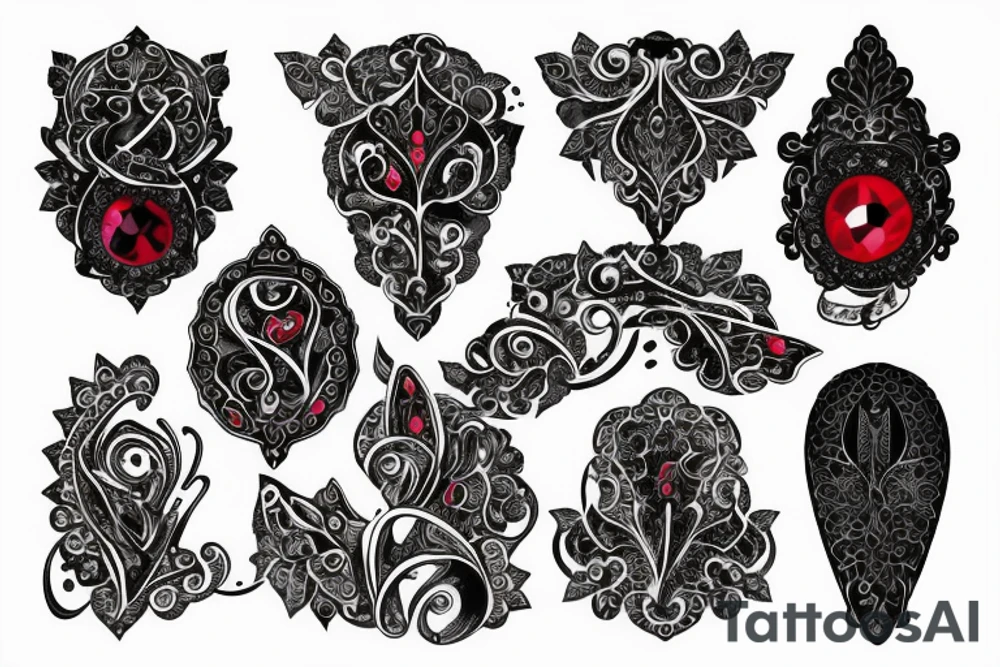 Red gemstone with black and grey filigree surrounding it tattoo idea