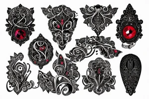 Red gemstone with black and grey filigree surrounding it tattoo idea