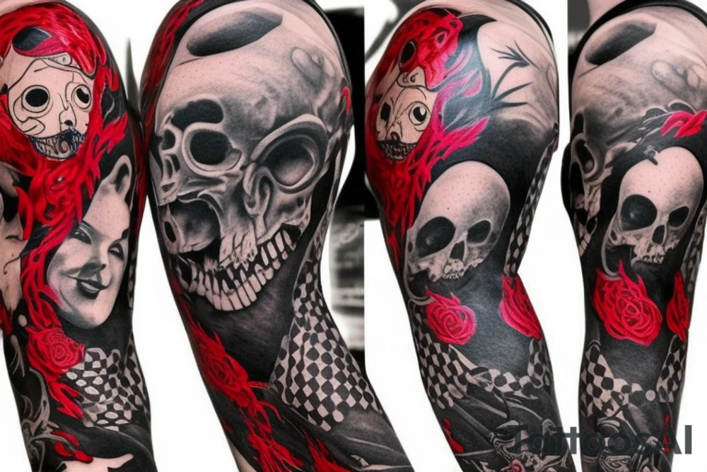 full sleeve with side neck, trash polka, , black and red, without skulls tattoo idea