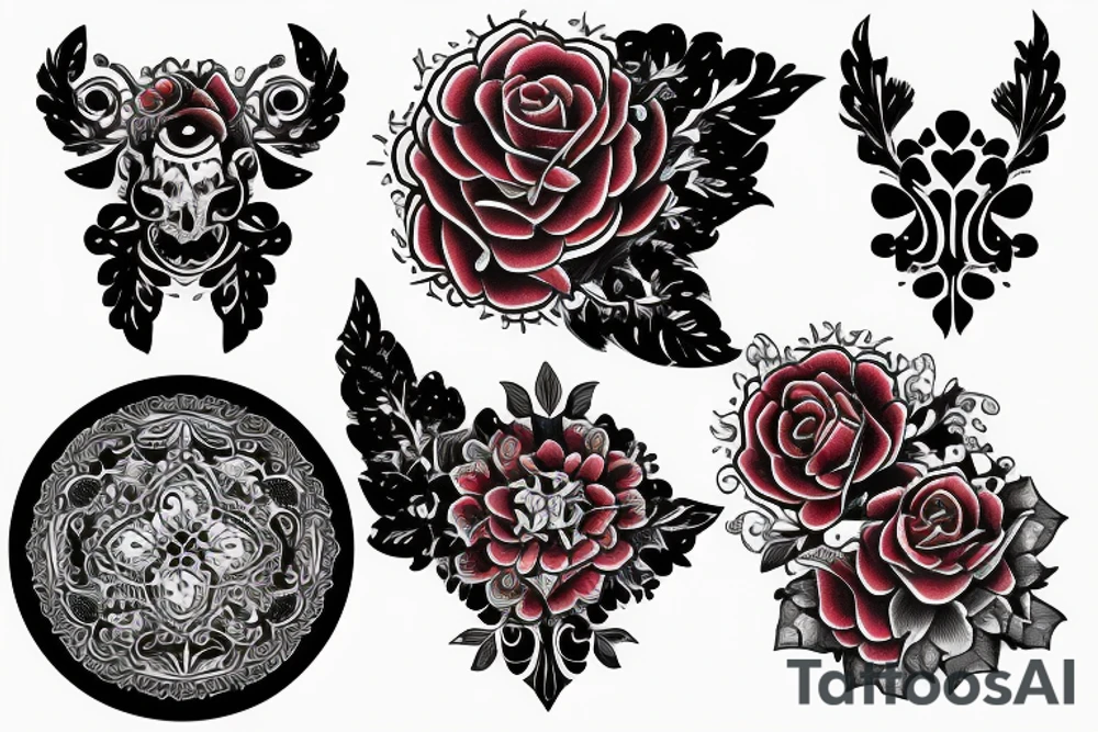 Red gemstone with black and grey filigree surrounding it tattoo idea