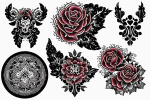 Red gemstone with black and grey filigree surrounding it tattoo idea