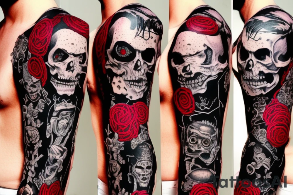 full sleeve with side neck, trash polka, , black and red tattoo idea