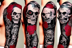 full sleeve with side neck, trash polka, , black and red tattoo idea