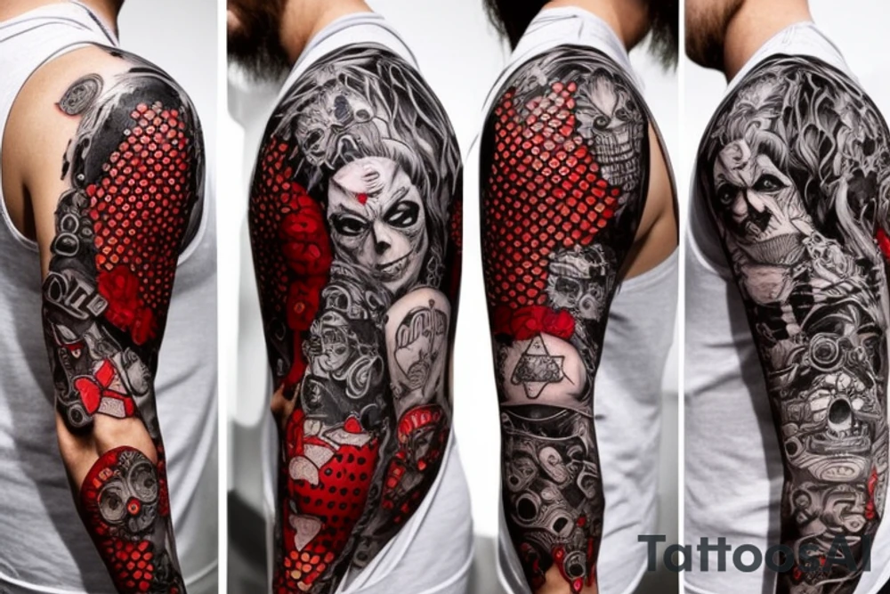 full sleeve with side neck, trash polka, , black and red tattoo idea