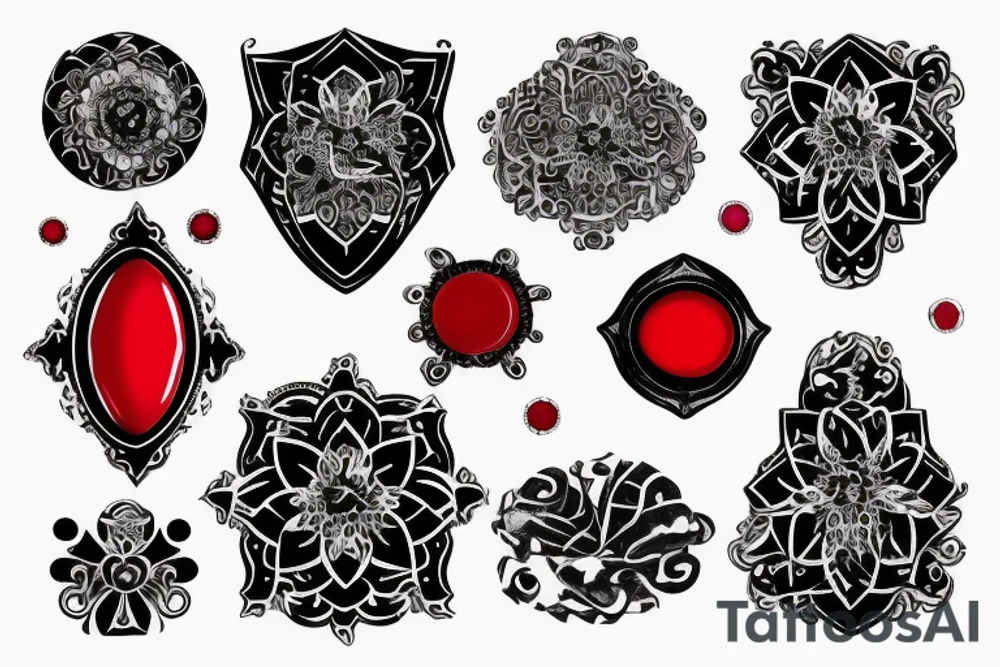 Red gemstone with black and grey filigree surrounding it tattoo idea