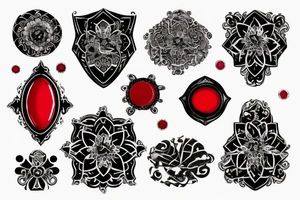 Red gemstone with black and grey filigree surrounding it tattoo idea