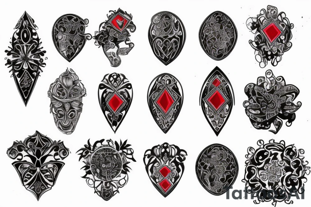 Red gemstone with black and grey filigree surrounding it tattoo idea