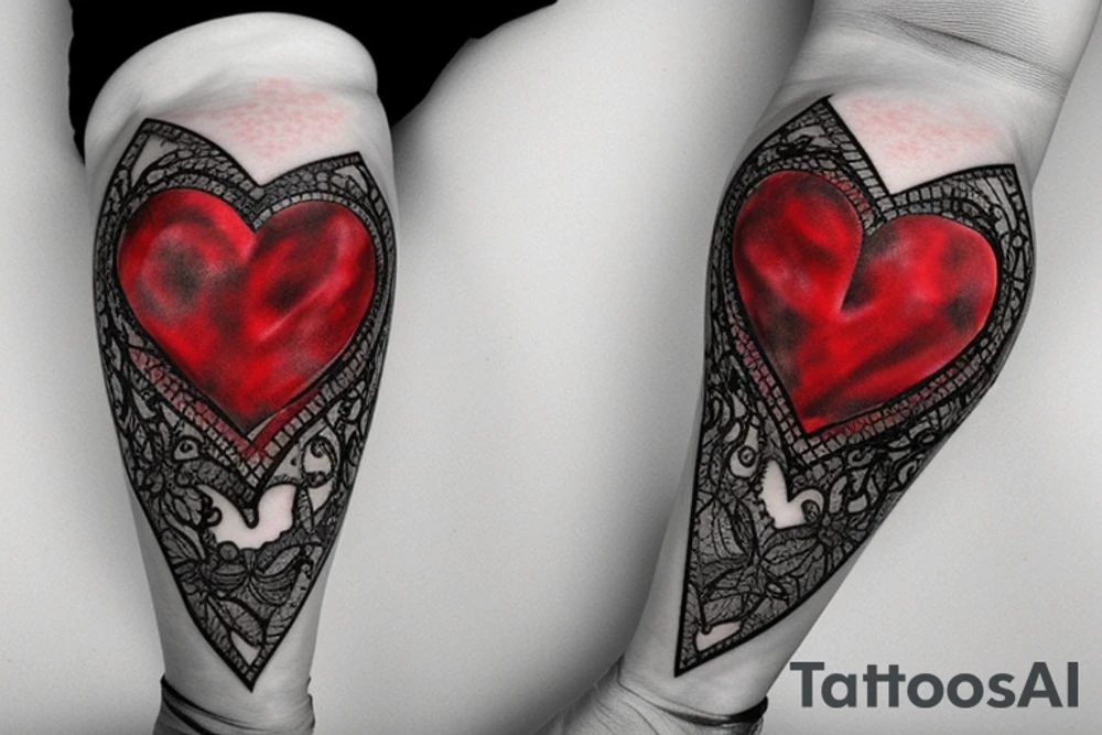 Realistic red ornamental jewel is the shape of a heart. With black and grey lace tattoo idea