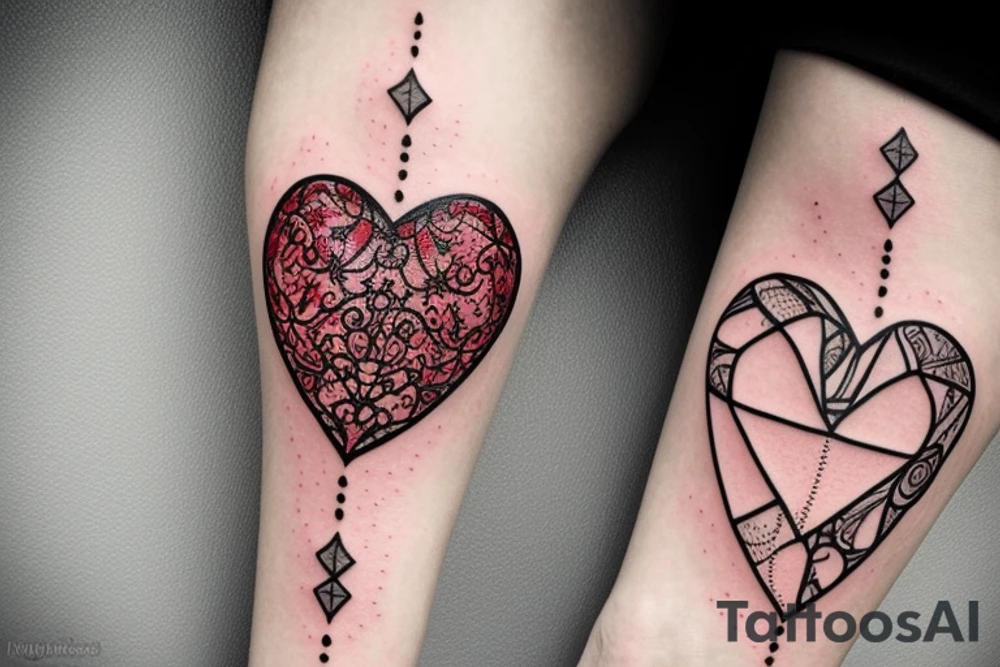 Realistic red ornamental jewel is the shape of a heart. With black and grey lace tattoo idea