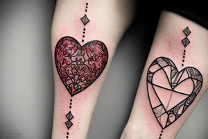 Realistic red ornamental jewel is the shape of a heart. With black and grey lace tattoo idea