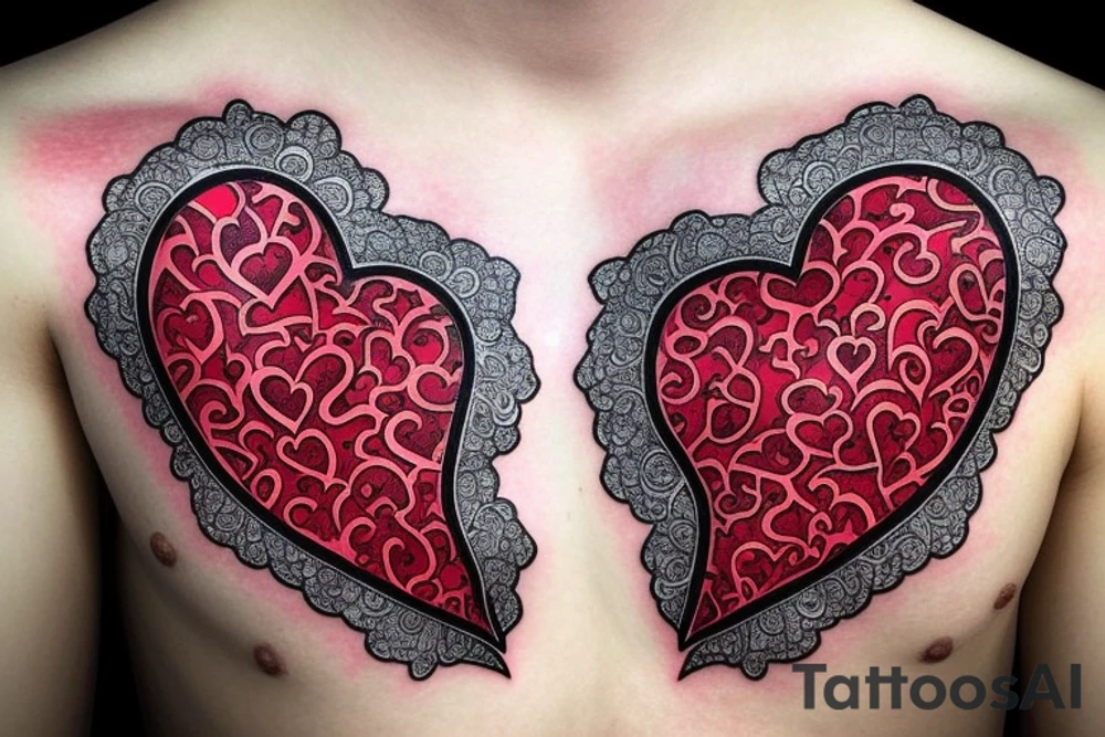 Realistic red ornamental jewel is the shape of a heart. With black and grey lace necklace tattoo idea