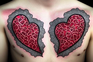 Realistic red ornamental jewel is the shape of a heart. With black and grey lace necklace tattoo idea