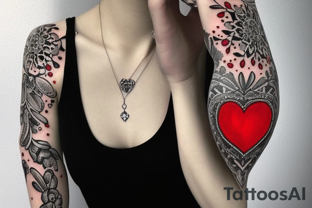 Realistic red ornamental jewel is the shape of a heart. With black and grey lace necklace tattoo idea