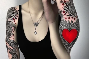 Realistic red ornamental jewel is the shape of a heart. With black and grey lace necklace tattoo idea