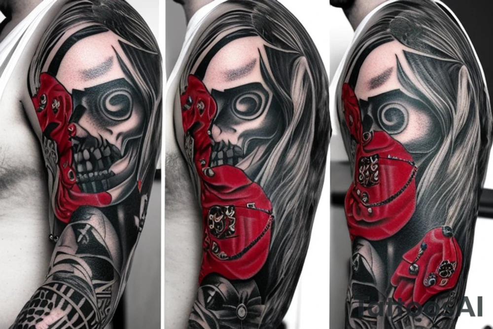 full sleeve with side neck, trash polka, , black and red tattoo idea