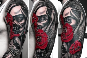 full sleeve with side neck, trash polka, , black and red tattoo idea