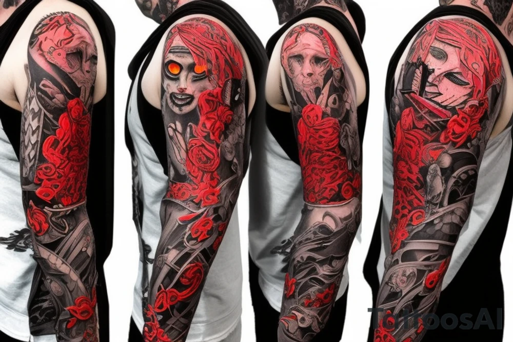 full sleeve with side neck, trash polka, , black and red tattoo idea