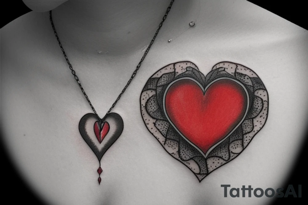 Realistic red ornamental jewel is the shape of a heart. With black and grey lace necklace tattoo idea