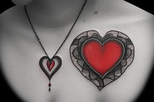 Realistic red ornamental jewel is the shape of a heart. With black and grey lace necklace tattoo idea