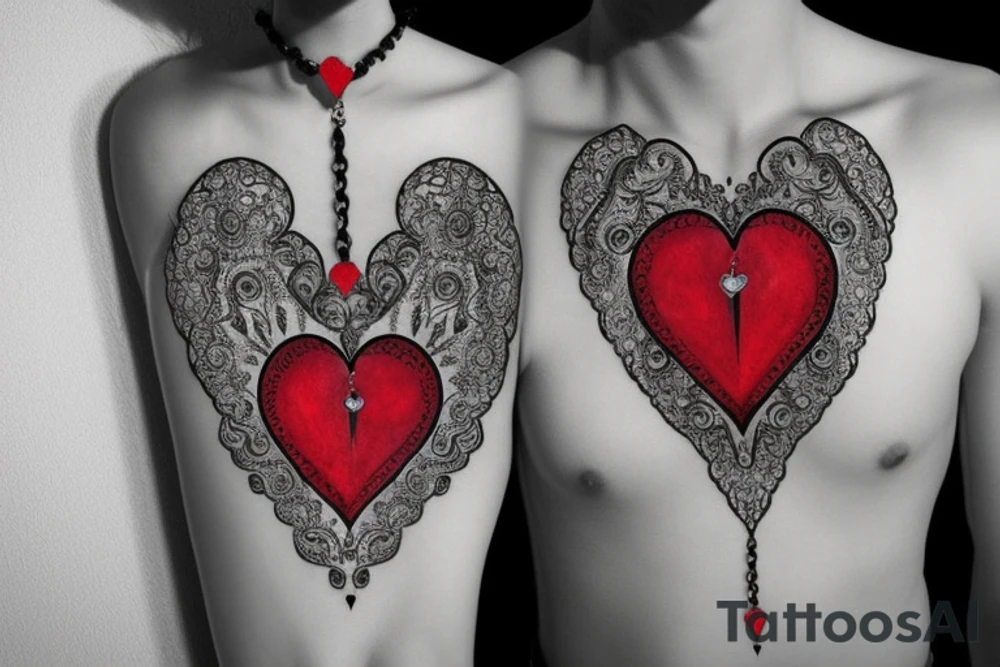 Realistic red ornamental jewel is the shape of a heart. With black and grey lace necklace tattoo idea