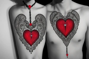 Realistic red ornamental jewel is the shape of a heart. With black and grey lace necklace tattoo idea
